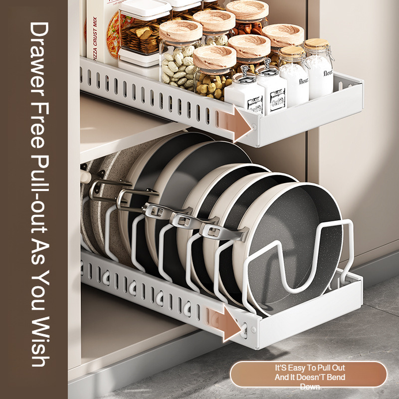 Regulowany organizer na naczynia kuchenne z wieloma poziomami, uchwyt na garnki i patelnie, oszczędzający miejsce regał robić szafki i blatu.