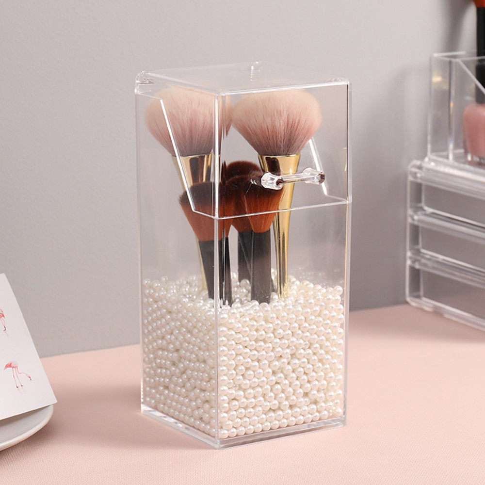 Caja acrílico transparente para guardar brochas de maquillaje, recipiente perlado de almacenamiento y organizador para cosméticos y para lápices de labios