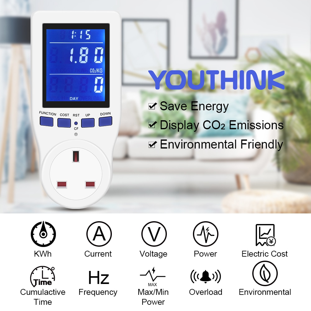 8 tilaa lcd-näyttö sähkönkulutuksen valvonta tehomittari uk-pistoke kodin energia watti voltti ampeerit watti kwh kulutusanalysaattori