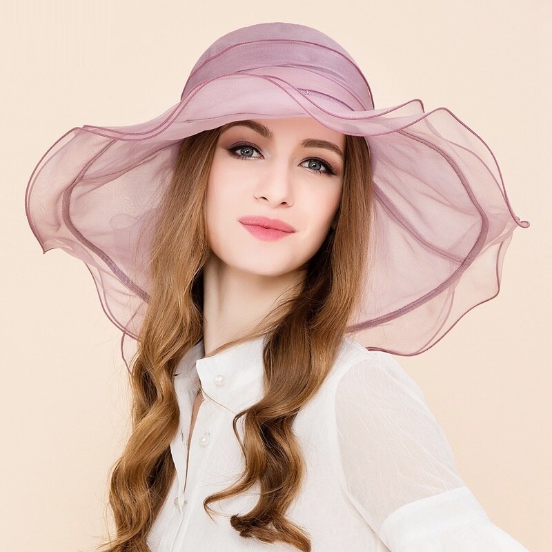 Ladies Light Purple Silk Royal Wedding Hats Women Large Wide Brim Foldable Cap with Bowknot Sombreros B-8206
