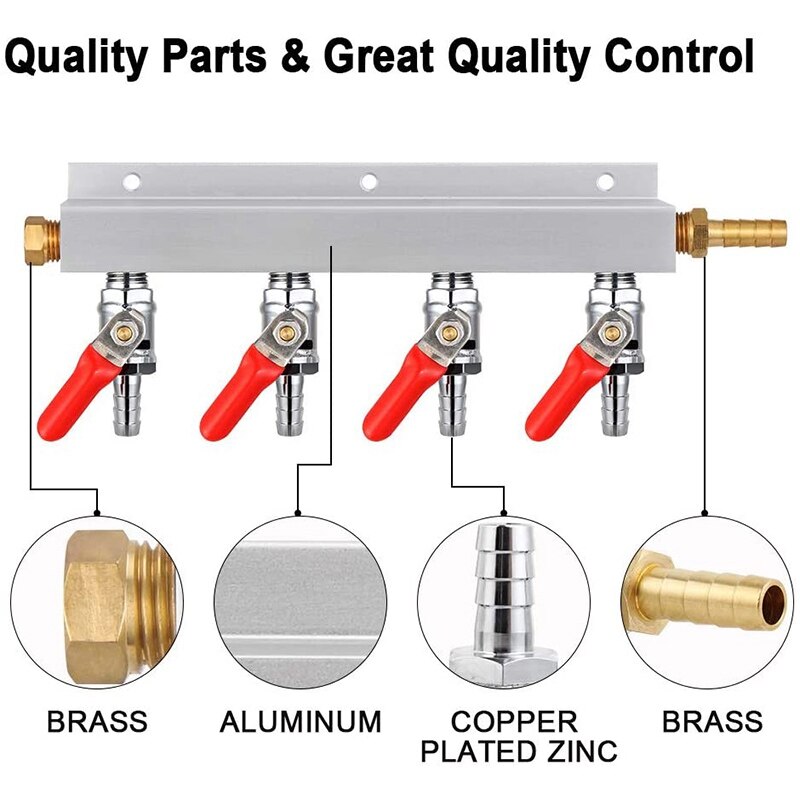 Gas Spruitstuk, CO2 Gas Distributeur, 5/16Inch Barb Fitting Bier Kegerator Splitter, 4-Way Air Distributeur Met Slangklemmen