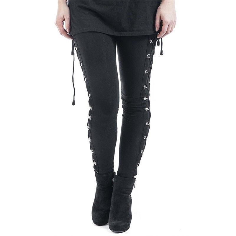 Gothic Street Style Leggings Frauen Dünne Schwarze Hosen Hohe Taille Butt Lifting Lace Up Leggings Outdoor Walking Hosen