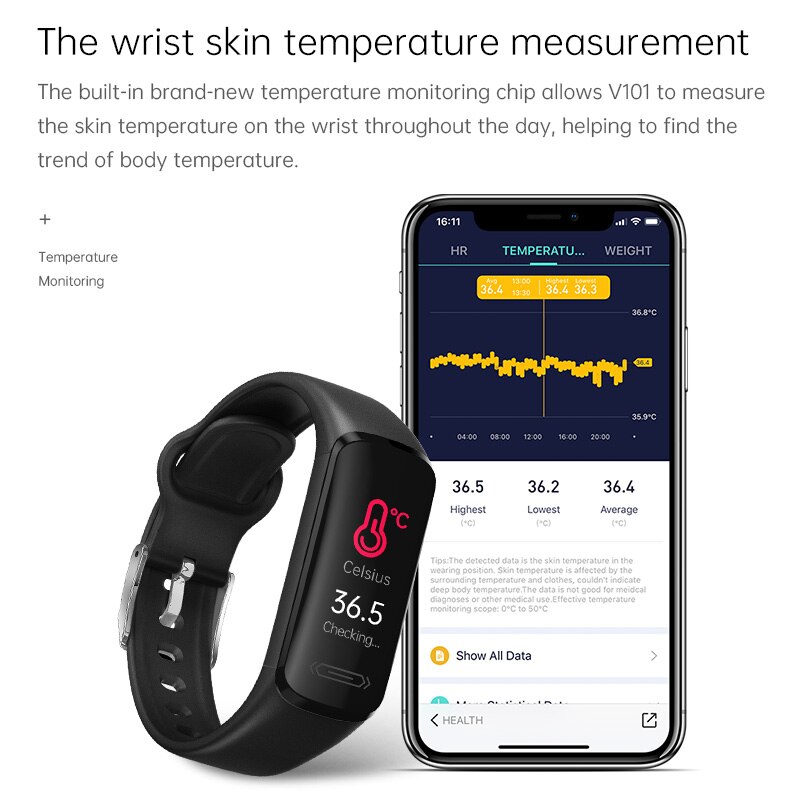 Smart Band V101 Lichaamstemperatuur Smart Armband Fitness Tracker Hartslagmeter Bloeddruk Smartband Voor Android Ios