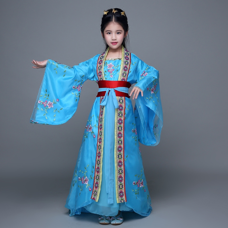 kinderen Geborduurde Kostuum van Tang-dynastie Koninklijke Prinses Fairy Tail Hanfu voor Meisjes Dans Kostuum