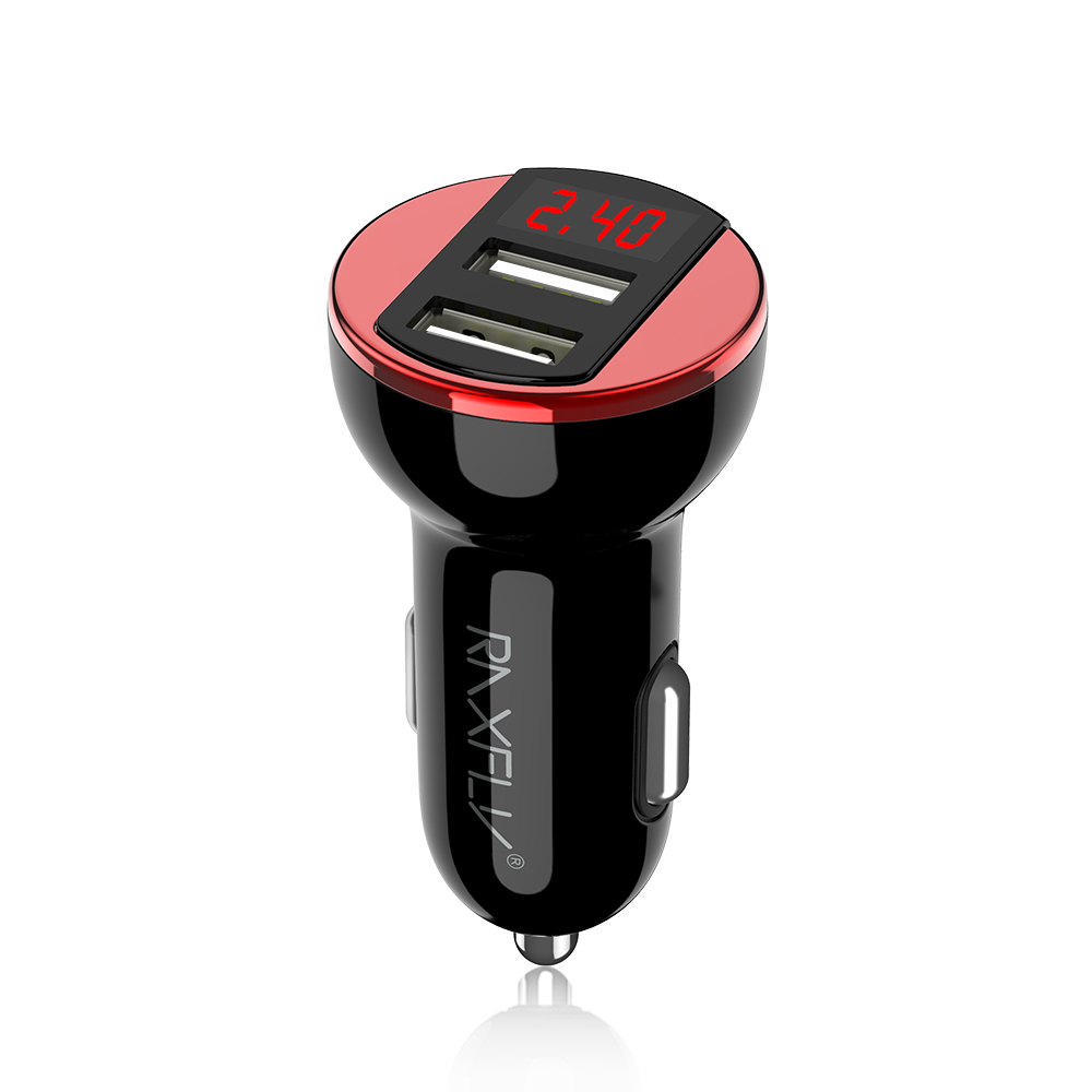 RAXFLY Car Charger Fast Charger $5 off $1 Digital Display 5V2.4A Dual USB Port For Xiaomi iPhone Samsung Phone Charger Charging: Black Red