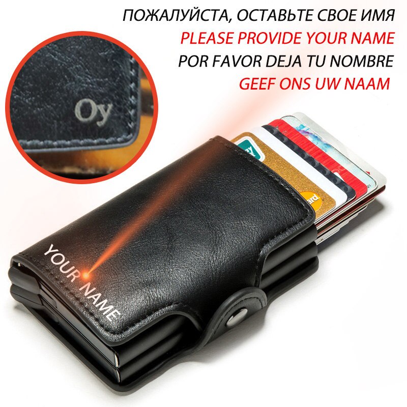 Engraving RFID Card Holder Wallet for Men Credit Card Holder Business Unisex PU Leather Double Layer Cardholder Aluminum Box: Black with Name