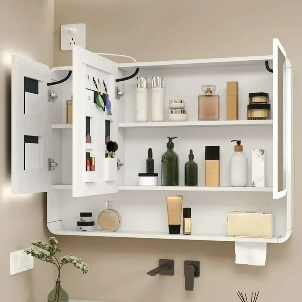 LED Bathroom Mirror Cabinet Anti Fog Wall Mounted Storage Mirror Carbon Fiber Rounded Corner Makeup Mirror