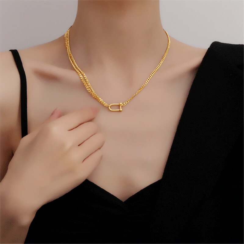 HUANZHI Gold Color Double layer Asymmetric Metal Necklace U Shape Pendant Choker Chian for Women Girls Jewelry