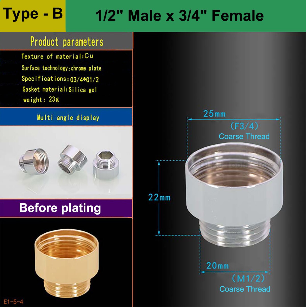 1/2" 3/4" Male Female Thread Nickel Plated Brass Faucet Tap Adapters Kitchen Bathroom Brass Water Tape Joint: Type - B