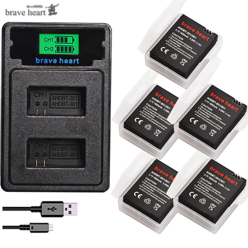 Høj kapacitet bateria hero 3 gopro hero 3 batteri + type-c usb-oplader + batterikasse til gopro go pro hero 3 3+  kamera tilbehør: Oplader og 5 batterier