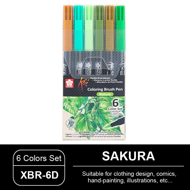 Juego de plumas de acuarela para colorear, pluma de cabeza suave de SAKURA de Japón, XBR, ilustración de cómic pintada a mano, secado rápido sin olor: XBR-6D