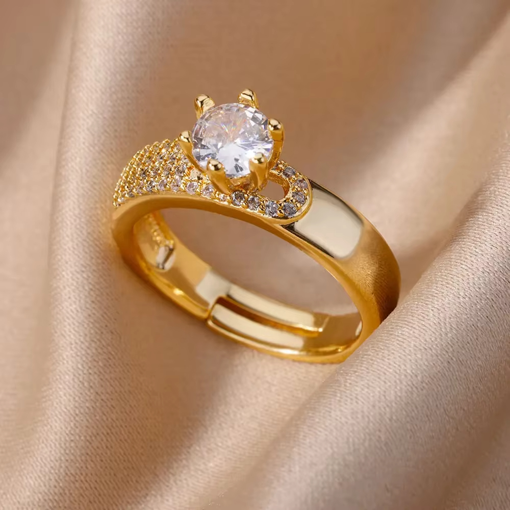 Anillos geométricos de circón de lujo para mujer, anillo abierto de acero inoxidable de Color dorado, joyería estética para de boda a la , para mujer: Rosa