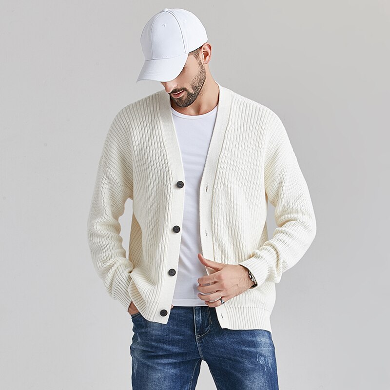 Huncher herr stickad kofta herr höst vinter tröja oversized koreanska solid cardigans vita tröjor för män: Vit kofta män / Asiatisk-xl