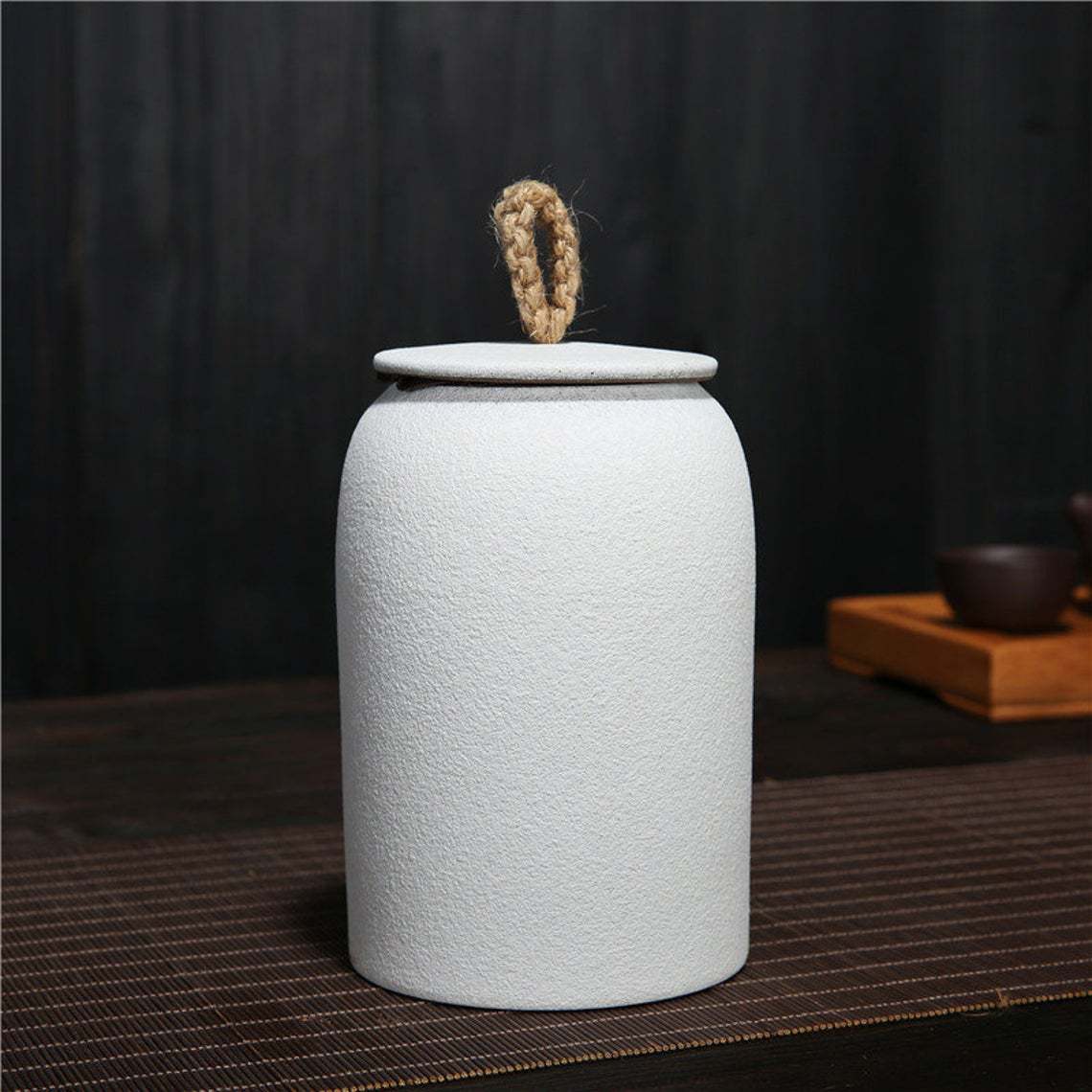 Stor vintage keramisk tebeholder testel groft keramik forseglet kande husholdnings tedåser te opbevaring te beholder te arrangør: Hvid