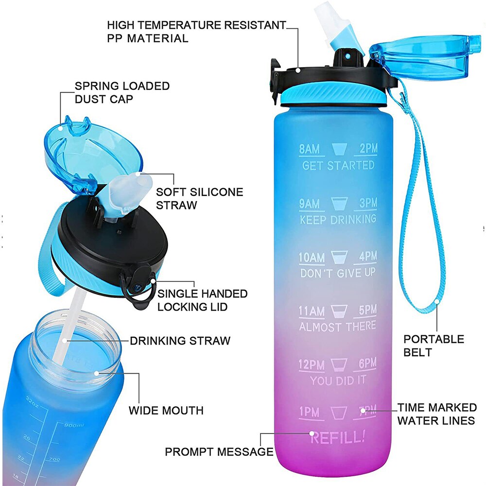 Botella de agua deportiva de 1l, frasco de bebida motivacional con marcas de tiempo, libre de BPA, para deportes, gimnasio, al aire libre, sello a prueba de fugas
