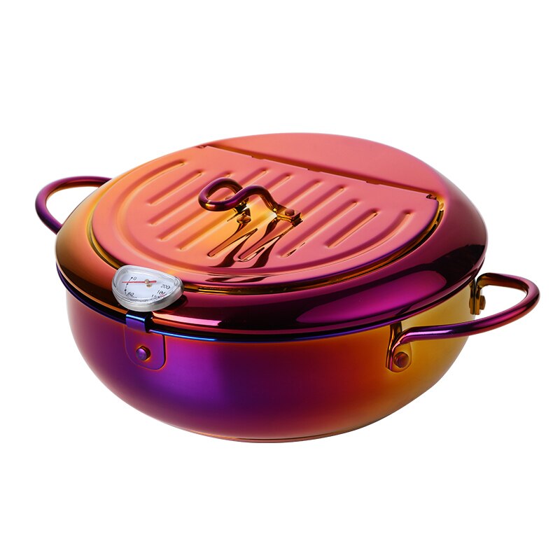 Olla de acero inoxidable con termómetro y tapa, sartén japonesa de Tempura profunda, práctica, utensilios de cocina seguros: Rainbow No.3