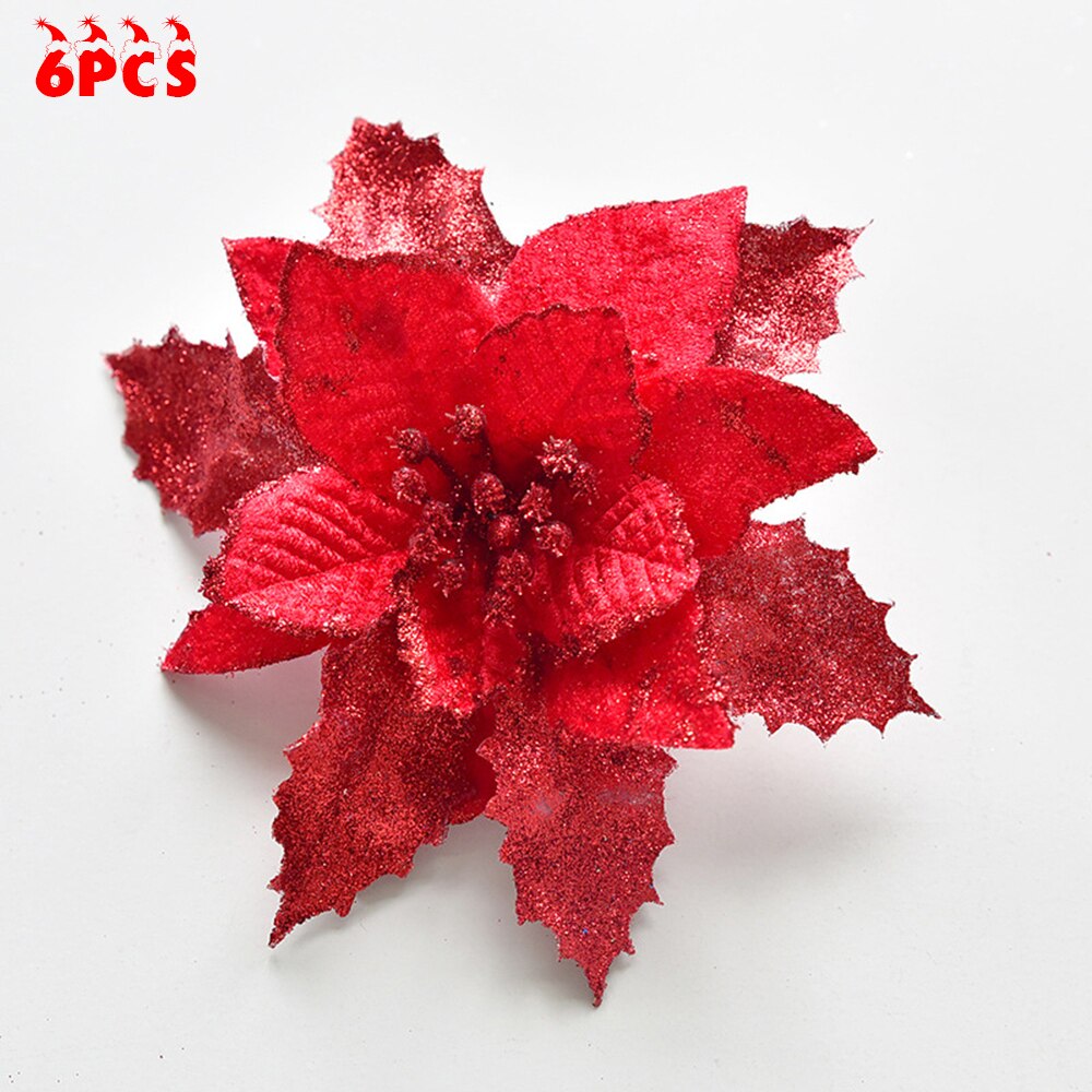 Set Van 6 Grote Poinsettia Glitter Wit Op Kerstboom Decoraties Kunstmatige Kerst Bloemen Glitter Nep Bloemen: Red