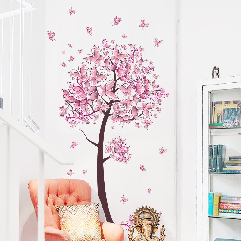 Roze Vlinder Boom Muursticker Voor Baby Meisje Kamer Woonkamer Slaapkamer Muur Decor Pvc Verwijderbare Poster Art Huis Decals DC32