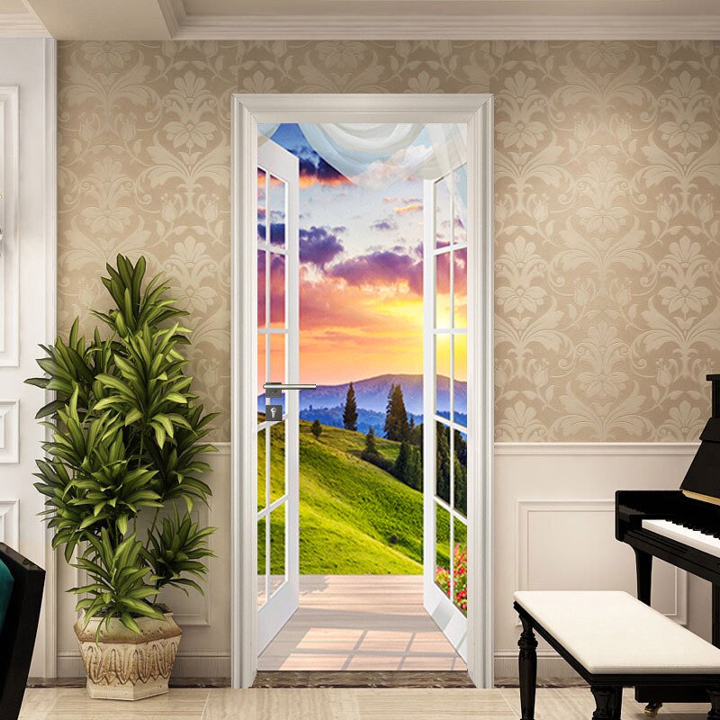 Natural Scenery Door Sticker Pastoral Style Simulation Window Sill Scenery Home Door Decoration Decorative Door Sticker