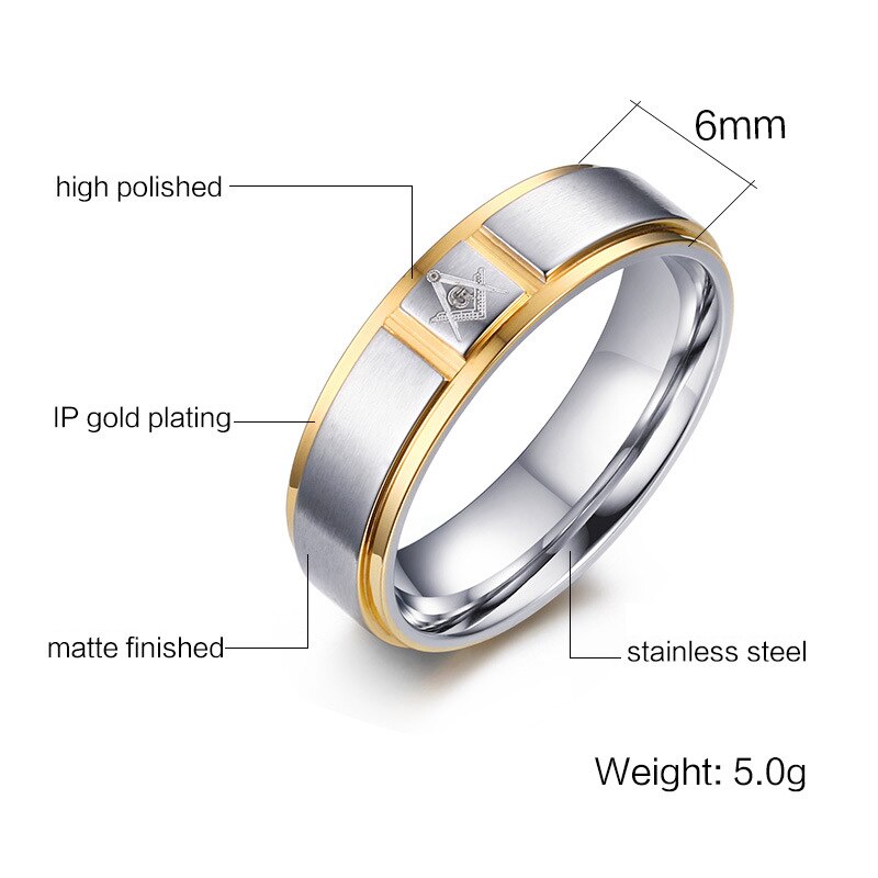 Mäns frimurarring guld & silver färg rostfritt stål ring för män punk smycken hane 6mm