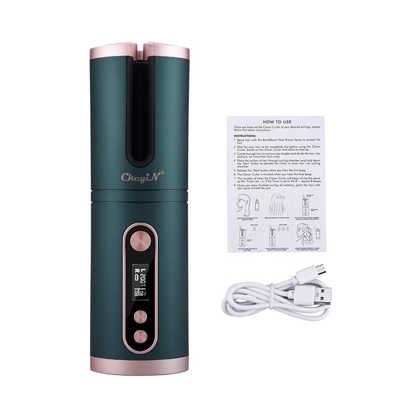 Automatic Hair Curler USB Rotating Hair Curling Iron Ceramic Magic Air Curler Waver Wand Cordless Curling Tong Salon Hair Styler: Green