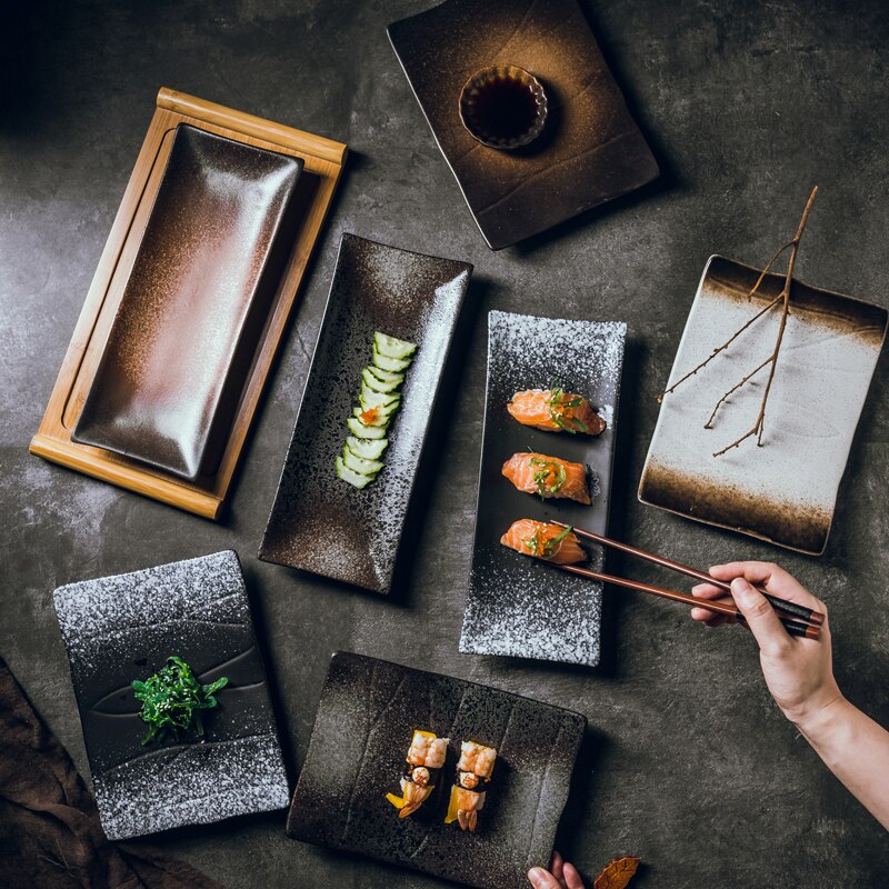 Japanse Stijl Rechthoekige Keramische Plaat Creatieve Keuken Sushi Plaat Vlakke Plaat Vis Plaat Saury Lange Plaat Schotel