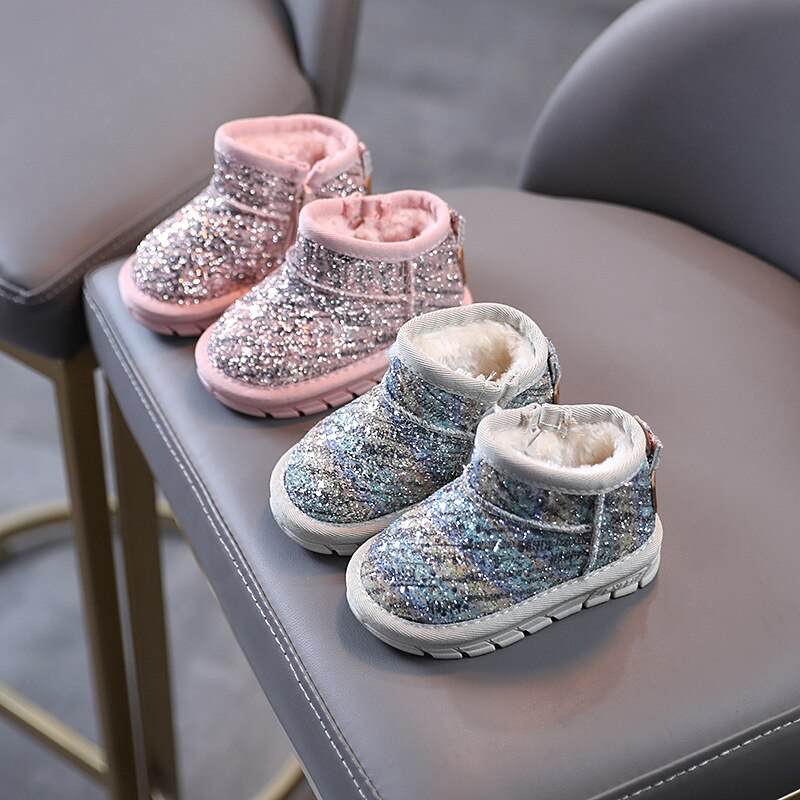 Botas de nieve para bebé, botines de piel cálida a la para niño, botines de princesa rosa brillante, para niño pequeño, primer andador, Invierno