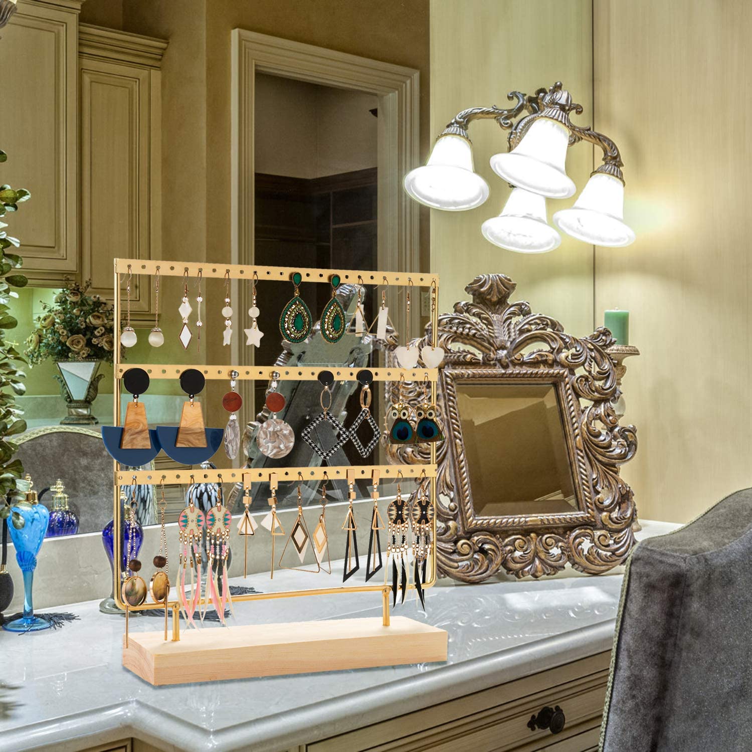 Oorbellenstandaard 3-- laags sieradenhouder organizer 69 gaten met houten basis displayrek voor vrouwen meisjes ho