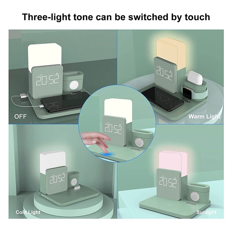 6 in 1 Wireless Charging Station with Bedside Lamp&amp;Alarm Clock, 10W Compatible with for iPhone/for Samsung