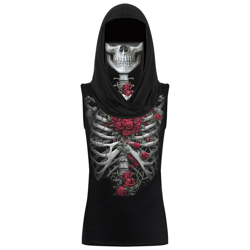 Summer Halloween Skeleton Print Cosplay Costume Women Hooded Tank Top Ear Hanging Mask Scary Horror Carnival Party Sleeveless: Color4 / S
