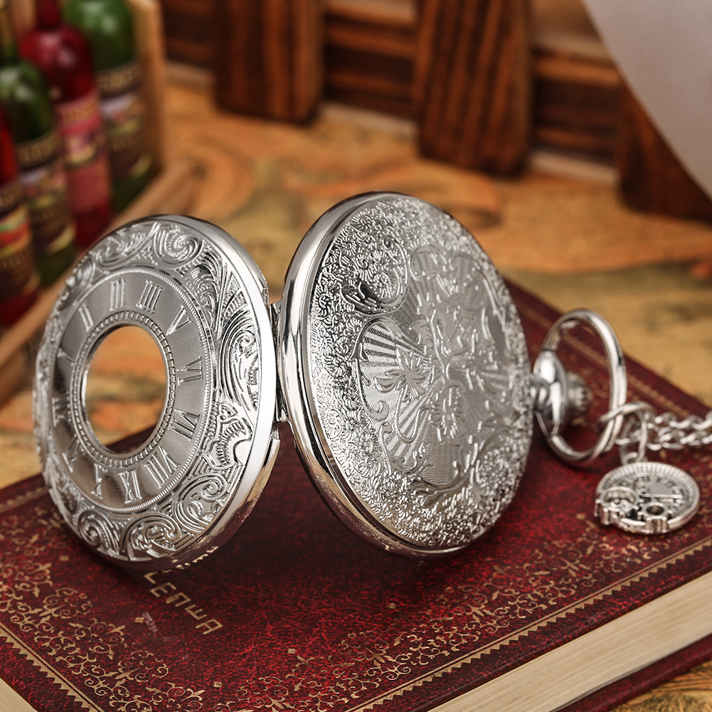 Retro Double Numeral Display Quartz Pocket Watch Antique Silver Necklace Pendant Clock Exquisite for Men Women