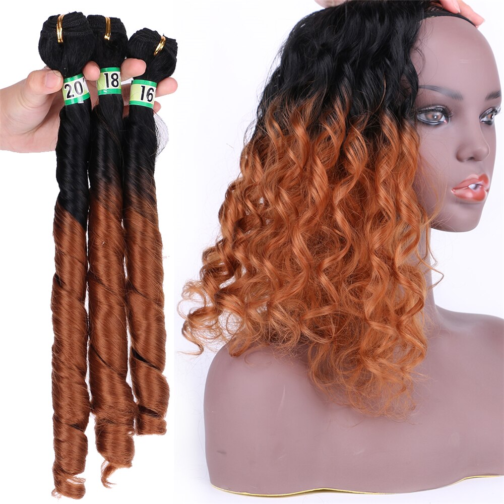 T1B/30# Two Tone ombre Hair Bundles Brown Synthetic Hair Extensions 16-20 inch High temperature Double Weft Curly hair weave