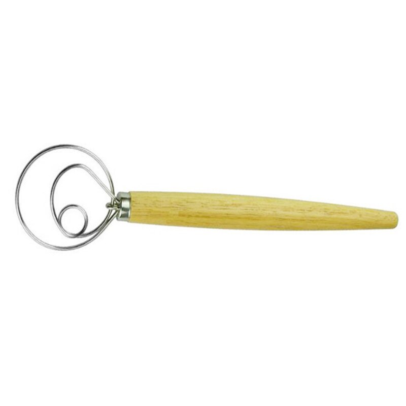 Oak Handle Flour Dough Mixer Stainless Steel Egg Beater Flour Coil Mixer Danish Whisk Stick DIY Bread Dough Baking Utensils