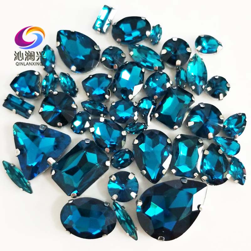Factory sales Pauw blauw mix size top glas kristal naaien op stenen, mix vorm strass gebruik voor diy/Kleding accessorie 68 pcs