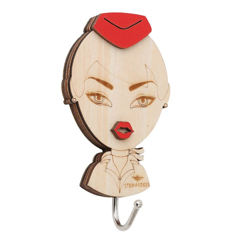 Wooden Cartoon Door Non-Marking Adhesive Hook Strong Load-Bearing Wall Adhesive Three-Dimensional Removable Hook: flight attendant