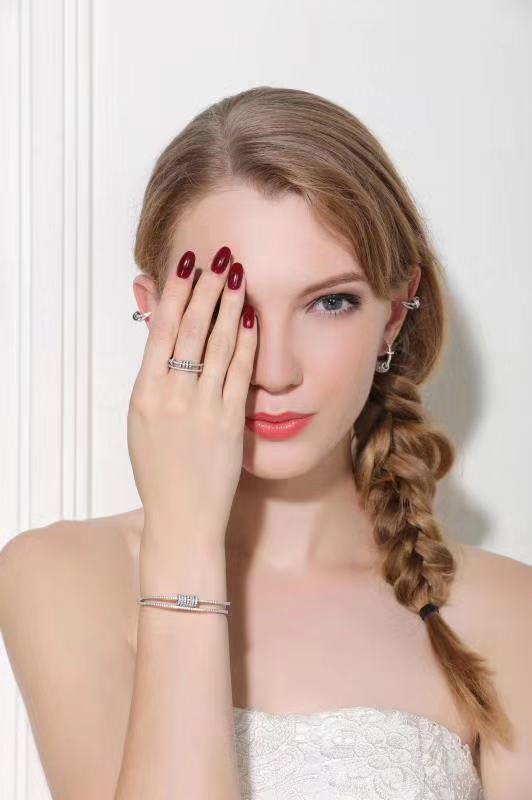 SLJELY Real 925 Sterling Silver Black Rose Gold Colors Double Circles Ring with Sliding Ring Zirconia Women Fine Jewelry