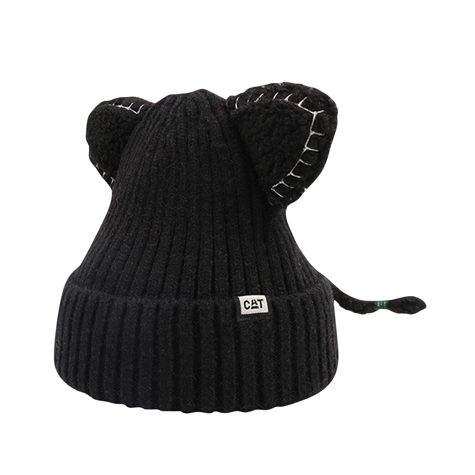 Women Winter Cute Animal Cat Hat Crochet Beanie Hats Photography Knitted Unisex Hat Cotton Blends Solid Warm Soft Hat Cap: Black 