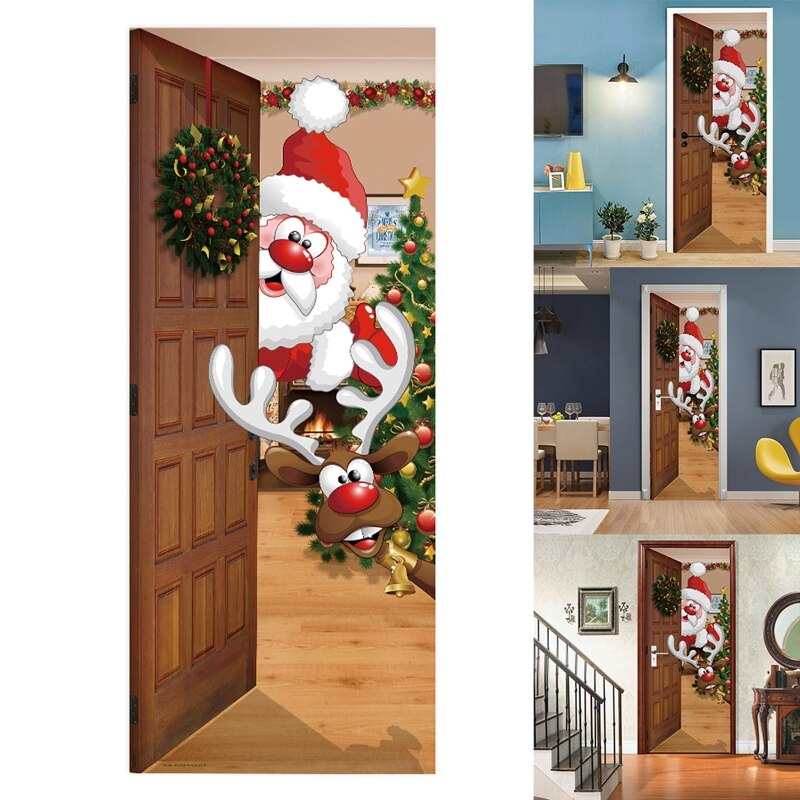 2 Stks/set 3D Kerst Kerstman Elanden Decoratieve Koelkast Deur Sticker Decal