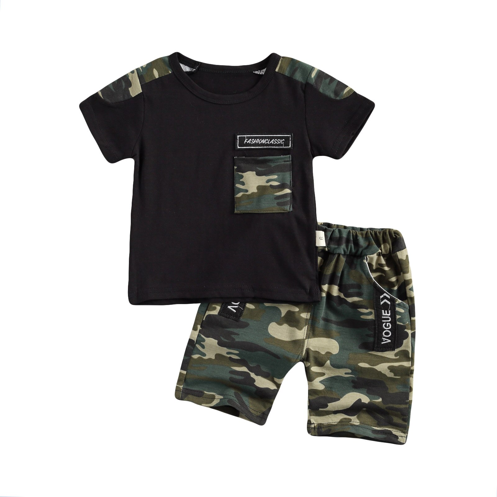 Focosorn – ensemble de vêtements d'été pour bébés garçons de 1 à 4 ans, imprimé Camouflage, manches courtes, poche, Short: Black / 3T