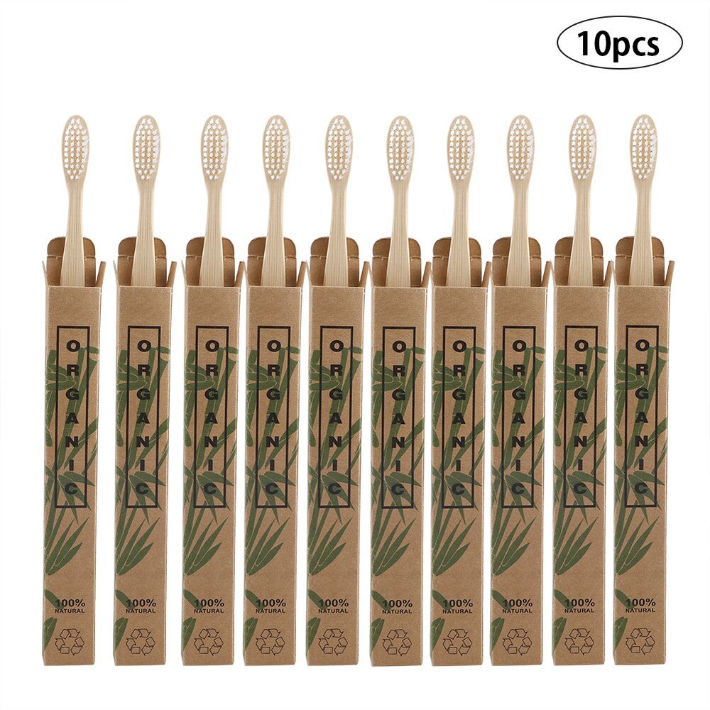 10 stk/sæt naturlig, ren bambus tandbørste blødt trækul firkantet træskaft tandbørster tandplejeværktøj: Hvid