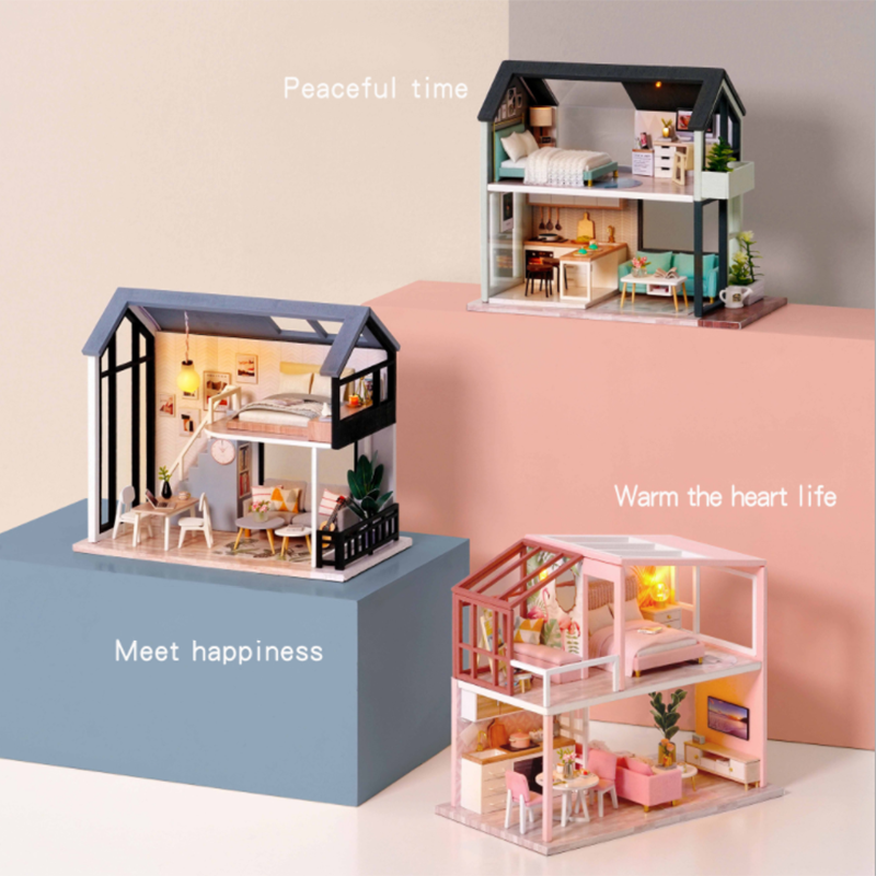Casa de muñecas DIY para ensamblar madera, con muebles, puzle de apartamento nórdico, juguete para niños, de cumpleaños
