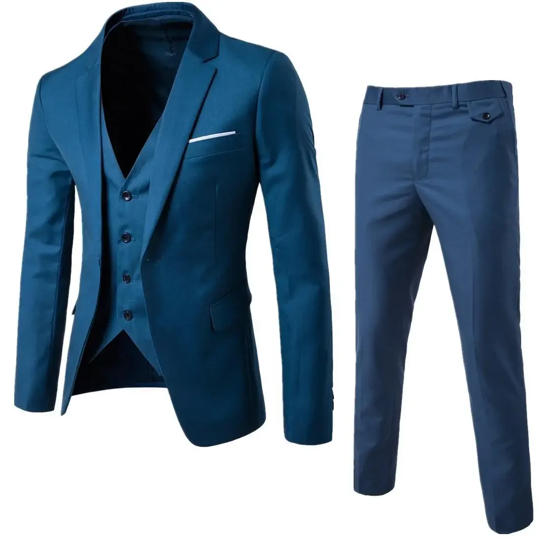 Trajes informales de negocios para hombre de cuatro estaciones, tres piezas, chaleco de un solo pecho con cuello en V, chaqueta de traje de un solo botón + pantalones de trajes: M / Azul cielo