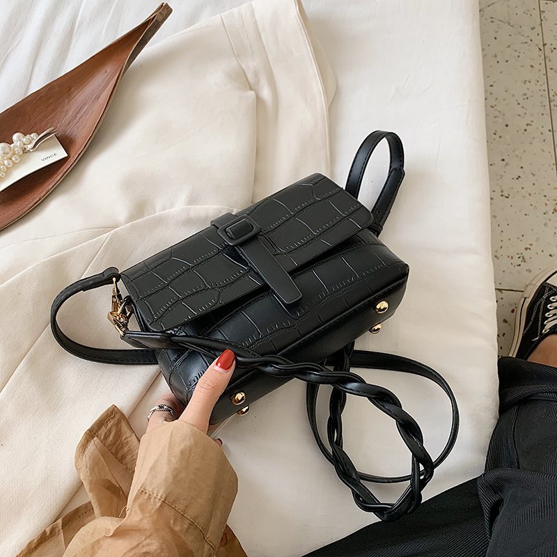 Kleine pu leren crossbodytas met stenen patroon voor dames, handtassen voor dames, schoudertas voor op reis met touwriem: Zwart