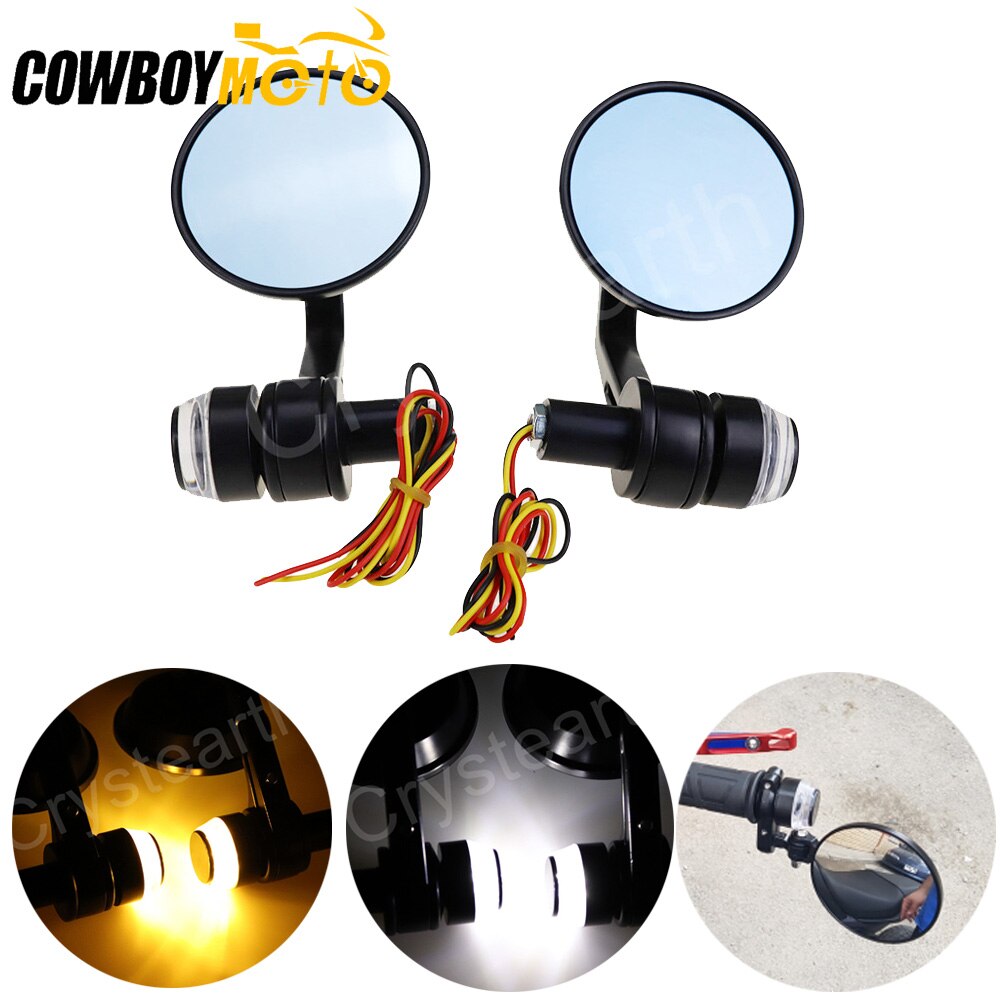 7/8&quot; Round Motorcycle Rear View Mirrors Motorbike Handle Bar End Rear View Mirrors With LED Turn Signals Black Cafe Racer Mirror
