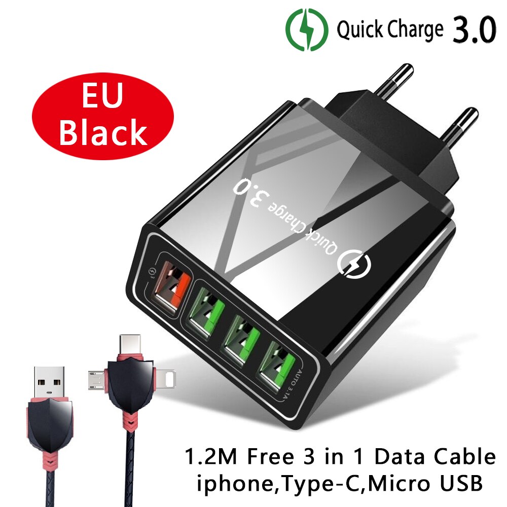 CONTROLLO di QUALITÀ 3.0 6.2A di Alta Qualità Del Telefono del Caricatore UE/USA Spina Veloce Caricabatterie Da Parete Cavi 4 Porte USB Veloce per iphone X Samsung Huawei Xiaomi: EU  3in1 Cable Black