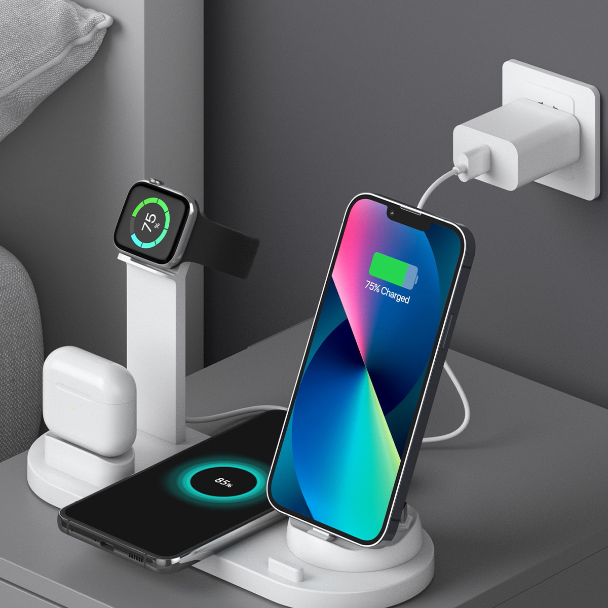 5 in 1 draadloze oplader stand pad voor iPhone 16 15 14 13 12 X Apple Watch Airpods bureautelefoon opladers snel opladen dockstation: WHITE