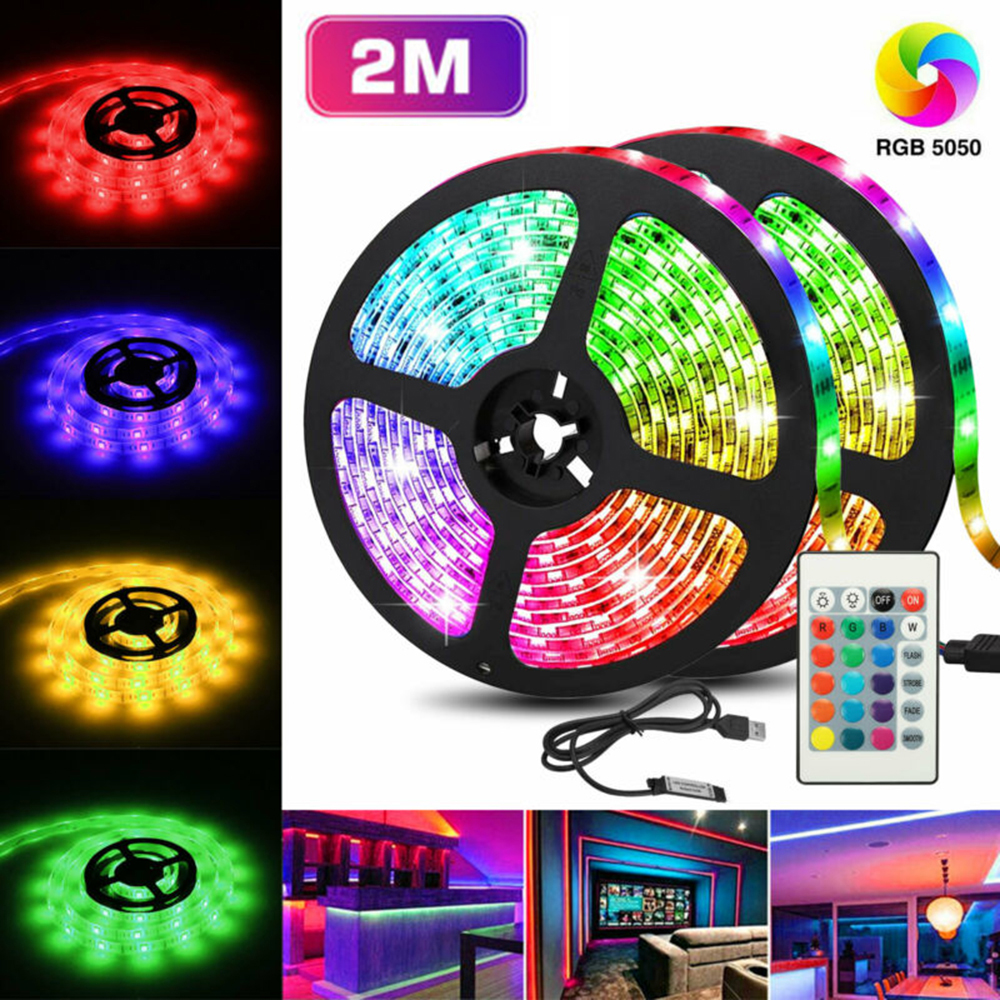 2m bande lumières bande LED USB 5050 RGB lumière d'ambiance TV rétro-éclairage Multi couleur avec télécommande de