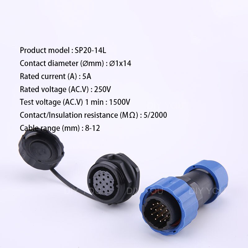 Waterdichte connector met sp20 ip68 moertjes aan de achterkant, 1/2/3/4/5/6/7/9/10/12/14- pins luchtvaartconnectoren, stekker en stopcontact: Sp20-14l