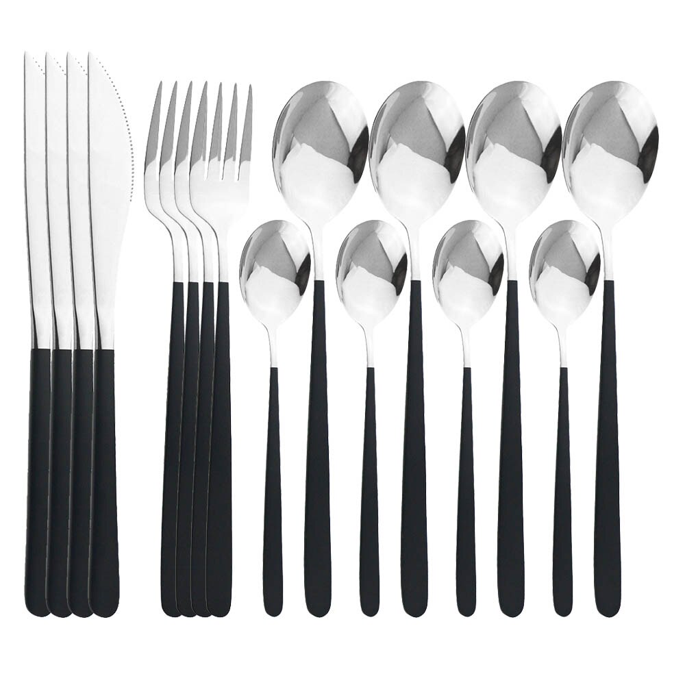 Couverts en acier inoxydable pièces/ensemble, 16 pièces, or rose 18/10, service de table, couteaux, fourchettes, cuillères, vaisselle de cuisine, argenterie: Black Silver