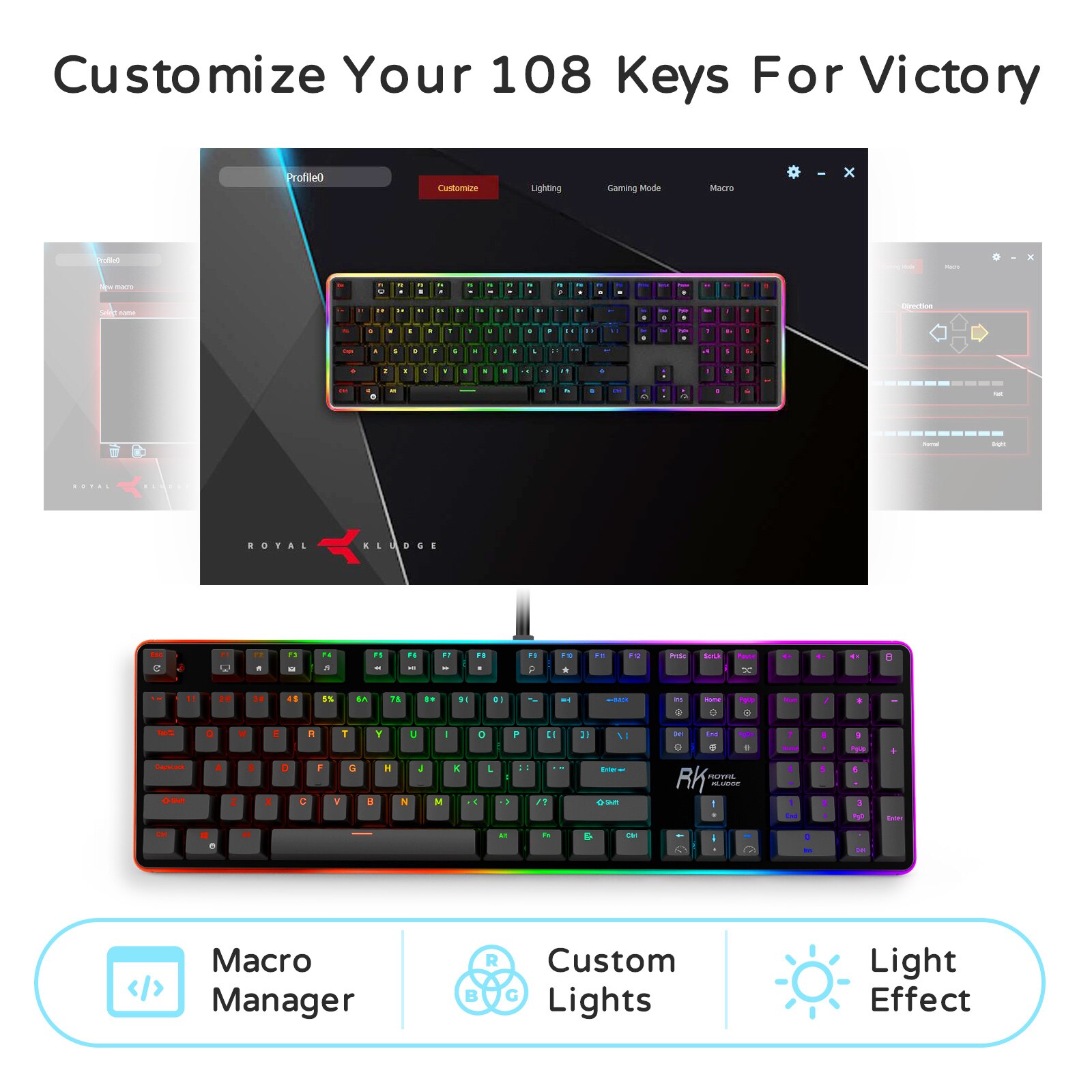 Teclado mecánico RK918 ROYAL KLUDGE para videojuegos, con cable USB, 108 teclas con retroiluminación RGB, interruptor marrón para PC, ordenador